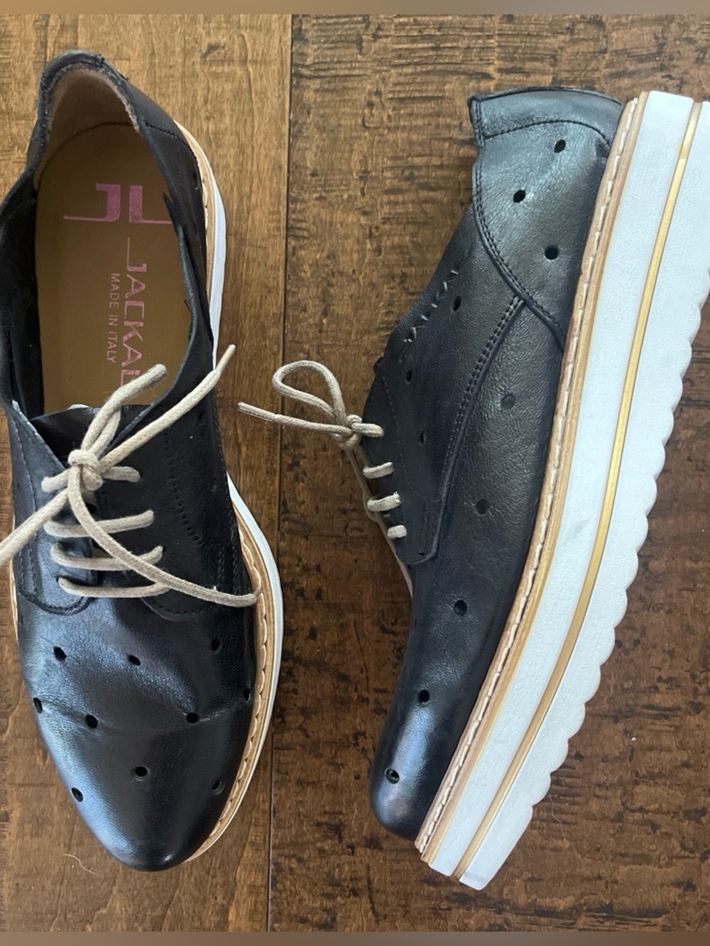 Jackal Made in Italy black perforated leather platform oxfords with chunky heels